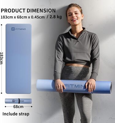 Фітнес-йога-мат FITMIND з PU, нековзний, ультра зчеплення, швидковбирний, швидковисихаючий, 183x68 см, 4,7 мм, для пілатесу і йоги, туманно-синій