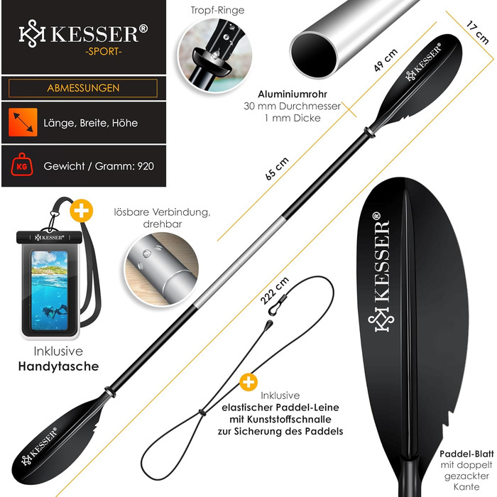 Весло KESSER® з подвійним лезом (4 частини) для каяка, SUP, станд-ап паділбордингу. Алюмінієве весло 228 см, ідеально для човна, веслування. В комплекті: страховий шнур, чохол для телефону, чорний човен.