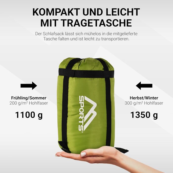 Спальний мішок MSports Premium Outdoor з ременем для перенесення - вибір на весну/літо (200GSM) або осінь/зима (300GSM) - теплий мумієподібний спальник для кемпінгу, подорожей, фестивалів - оливковий, 300 GSM