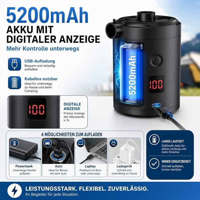 Електричний насос для надувних матраців Lytool 5200mAh з дисплеєм: портативний акумуляторний насос 2-в-1 для кемпінгу, басейну, ліжка, кілець