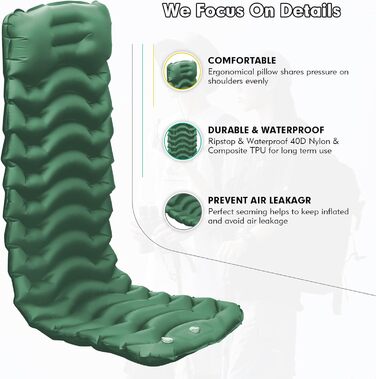 Надувний килимок Isomatte CIXMUS з самонадуванням, 10 см товщини, з насосом та подушкою, водонепроникний, для кемпінгу та відпочинку на природі, зелений