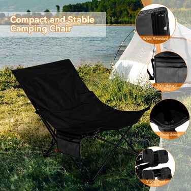 Складний стілець для кемпінгу, риболовлі та відпочинку на природі (150 кг), чорний