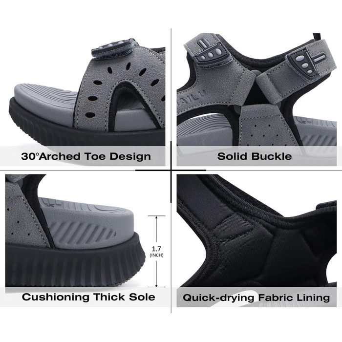 Чоловічі сандалі KuaiLu для трекінгу та відпочинку, ортопедичні, сірі, розмір 45 EU