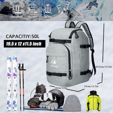 Чохол для лижних черевиків KEOFID, 50L, рюкзак для лиж та сноуборду (сірий)