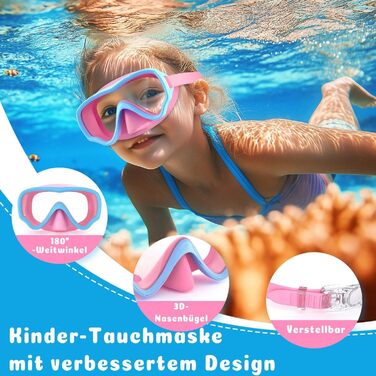 Маска для плавання дитяча COOLOO Taucherbrille 4-16 років, панорамна 180°, антифог, антипротікання, рожево-блакитна з прозорими лінзами