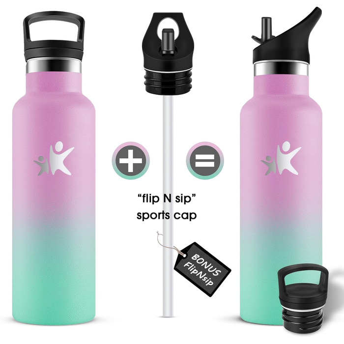 Дитяча термофляга KollyKolla 500 мл з трубочкою, з нержавіючої сталі, без BPA, з подвійними стінками, для кемпінгу, велосипеда, фітнесу, з содовою, рожевий & макаронний зелений