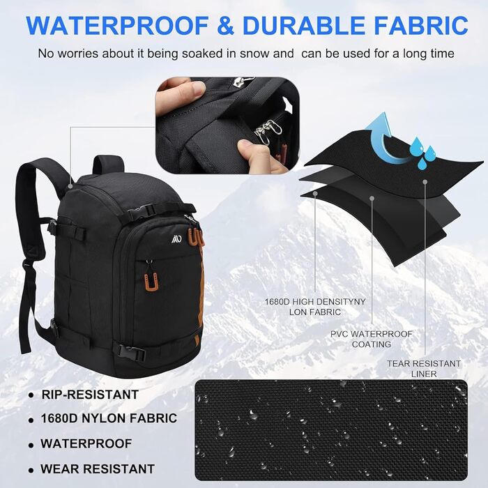 Чохол для лижних черевиків, 50 л, рюкзак-дорожник для лиж, 1680D Nylon, водонепроникний, для лиж, шолома, маски, рукавичок, одягу та лижного спорядження, аксесуари для чоловіків, жінок та підлітків