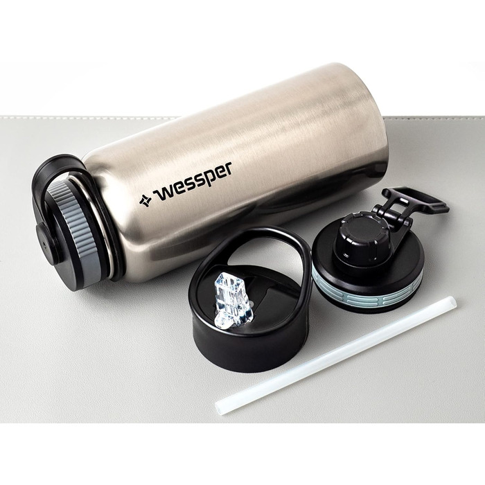 Wessper термос із нержавіючої сталі 1 л, герметична, BPA Free, 3 кришки, срібляста, пляшка для води для спорту, дітей і дорослих, для кемпінгу, велосипеда, outdoor