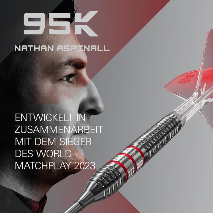 Дарти сталеві Nathan Aspinall 95K (22/24/26г) Wolfram 95% з польотами K-Flex та Swiss Storm Black SP