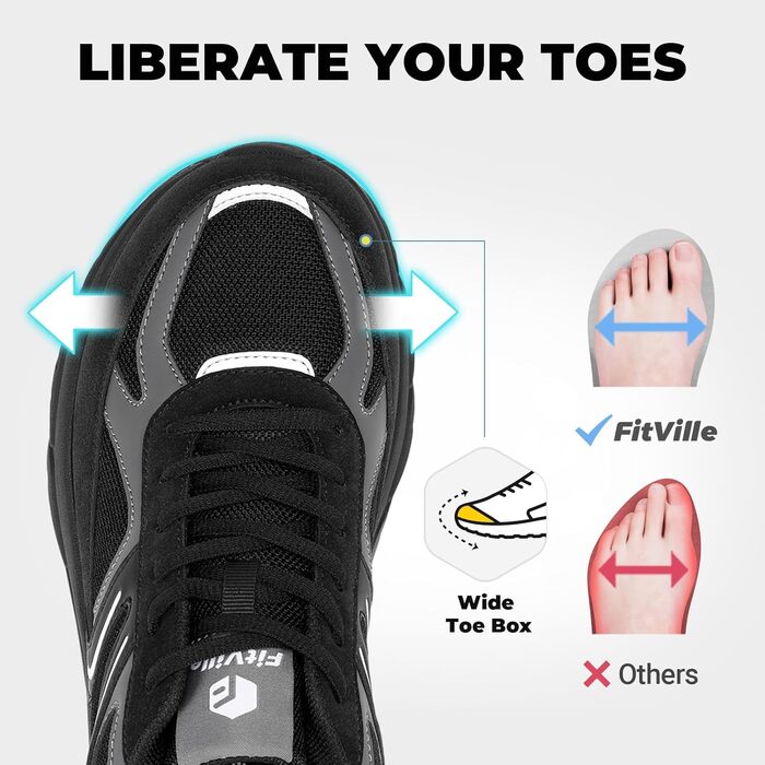 Кросівки FitVille для чоловіків з широкою ногою, чорні та сірі: бігові, спортивні, з амортизацією, дихаючі, для бігу та повсякденного носіння