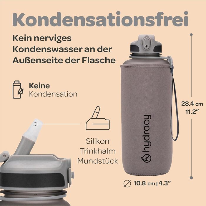 Водна пляшка Hydracy 2L зі трубочкою та таймером - BPA-free, спортивна, противитікання, без конденсату, сірий колір