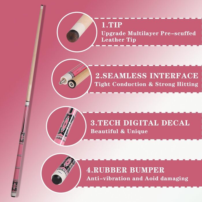 Більярдний кий для пулу Billiards Short Pool Cue Stick, 48 дюймів, для початківців, з канадського клену, 18 oz (рожевий)