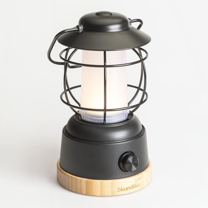 LED-лампа Skandika Kiruna Jord | Ретро кемпінгова лампа з Powerbank, регульована яскравість, бездротова, USB, тепле та холодне біле світло, сталеве підстав'я, 200 годин роботи | Настільна та підвісна лампа