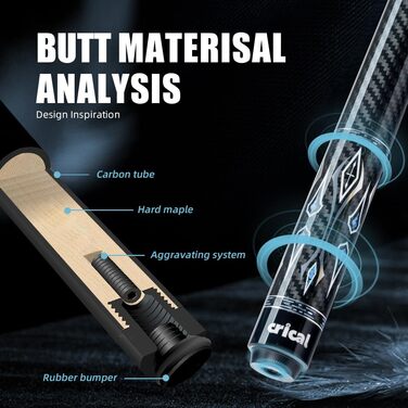CRICAL Більярдний кий з карбонового волокна, 147 см, професійний, з'єднання 3/8 x 8, наконечник 12,5 мм, комплект CL-04