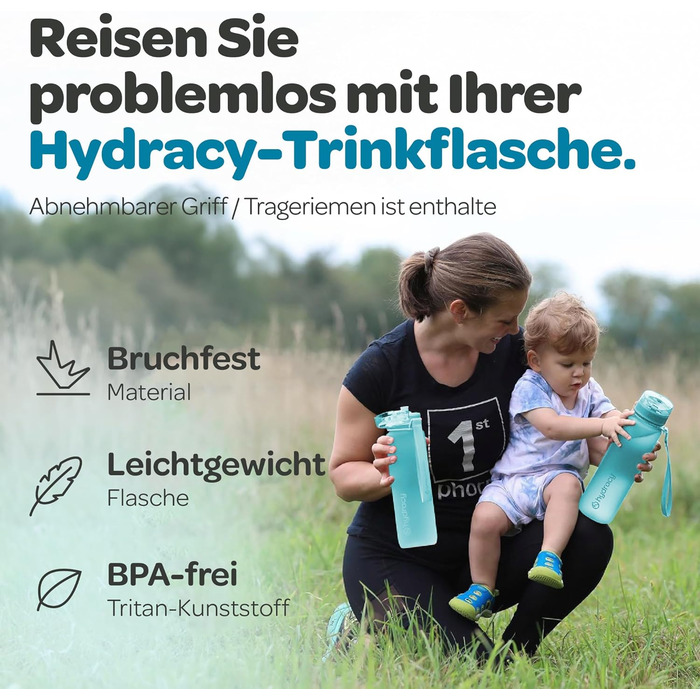 Водяна пляшка Hydracy 2L з соломкою та маркуванням часу - спортивна пляшка BPA-free, витокозахисна, без конденсату, для спорту та активного відпочинку (500 мл, швидке пиття, блакитний)