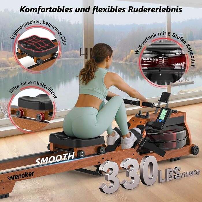 Гребний тренажер Wenoker для дому з дерева, складаний, з Bluetooth, комфортне сидіння, подвійні направляючі, до 150 кг, натуральний дуб