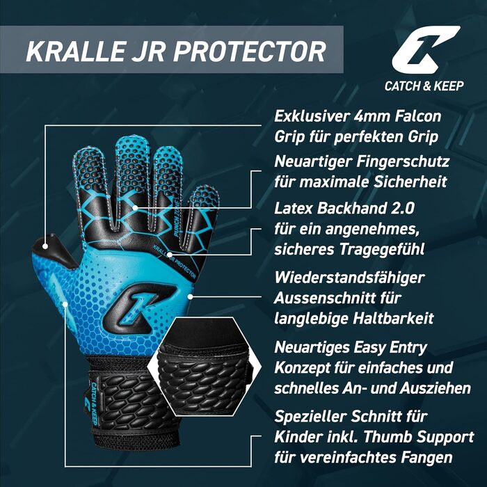 Воротарські рукавиці дитячі CATCH & KEEP Protector - преміум, з посиленим захватом, блакитні (розмір 6)
