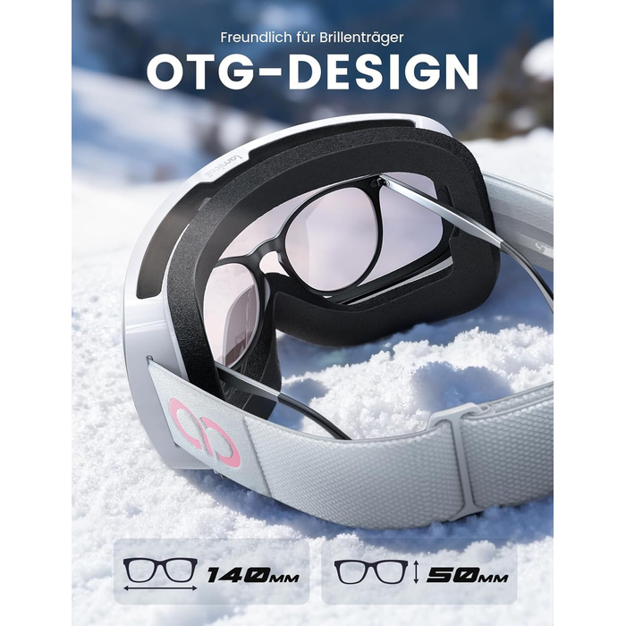 Ламмікал - Скі-маска для чоловіків та жінок, сноуборд маска з OTG - [Ultra HD, широке поле зору] - Анти-туманна скі маска для людей у окулярах, дзеркальна сноуборд маска, скі маска UV400 з захистом від відблисків (Покращена - біла рама - рожевий колір (VL