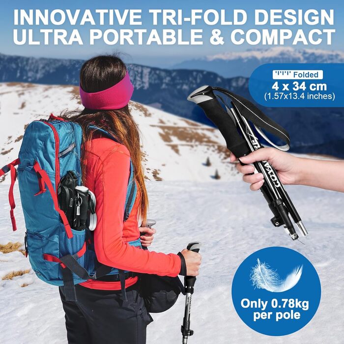 Трекінгові палиці Covacure, складані, алюмінієвий сплав 7075, для жінок, чорні, 110–130 см