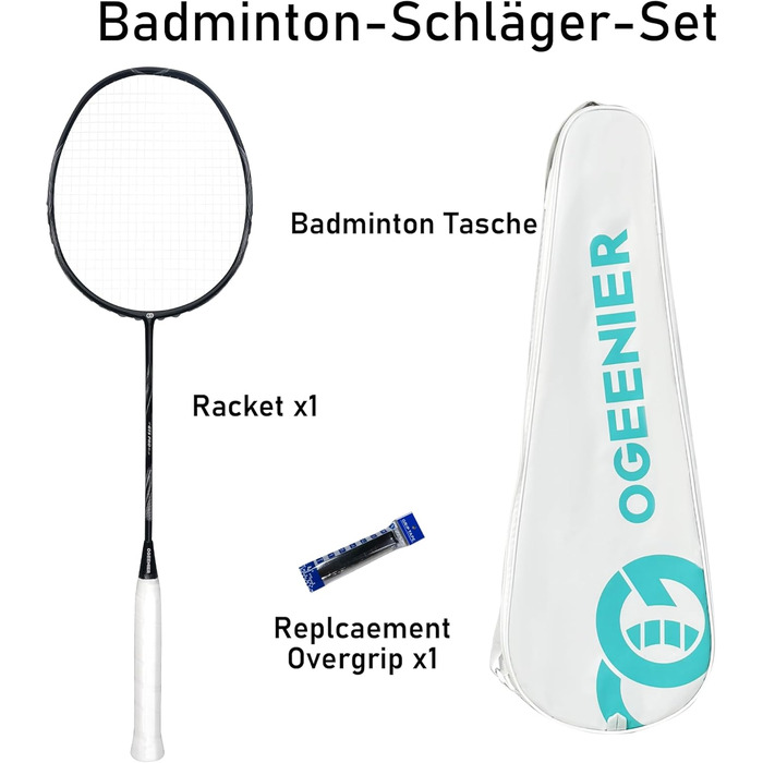 Бадмінтонна ракетка OGEENIER: Графіт, Легка, Професійна, з карбоном, з неслизькою ручкою та сумкою (Чорний)