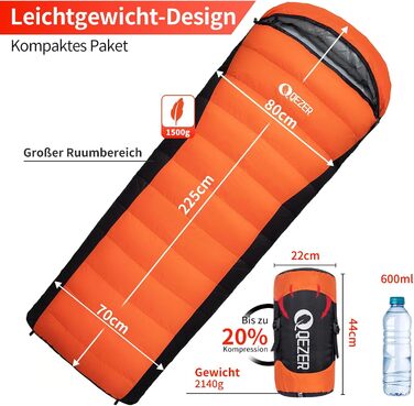 Сплячий мішок пуховий, зимовий, 600FP+, 12°C до -24°C, легкий та теплий, для 3-4 сезонів, кемпінг, трекінг, походи, оранжевий