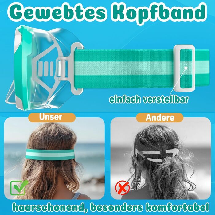 Дитячі маски для снорклінгу COOLOO з тканиновою стрічкою, маски для плавання для дітей з насадкою для носа для хлопчиків та дівчаток-підлітків, 【Патентовано】Маска для снорклінгу з панорамним оглядом 180° HD Anti Fog Anti Leak для дітей 4-16 років (2-Зелен