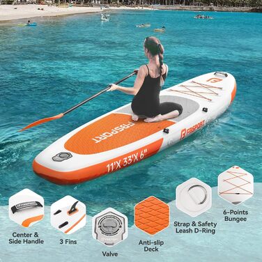 FBSPORT SUP дошка Stand Up Paddle 335 см для дорослих, надувна, з антиковзким покриттям, 160 кг, комплект з насосом та аксесуарами для йоги, подорожей, серфінгу, помаранчевий