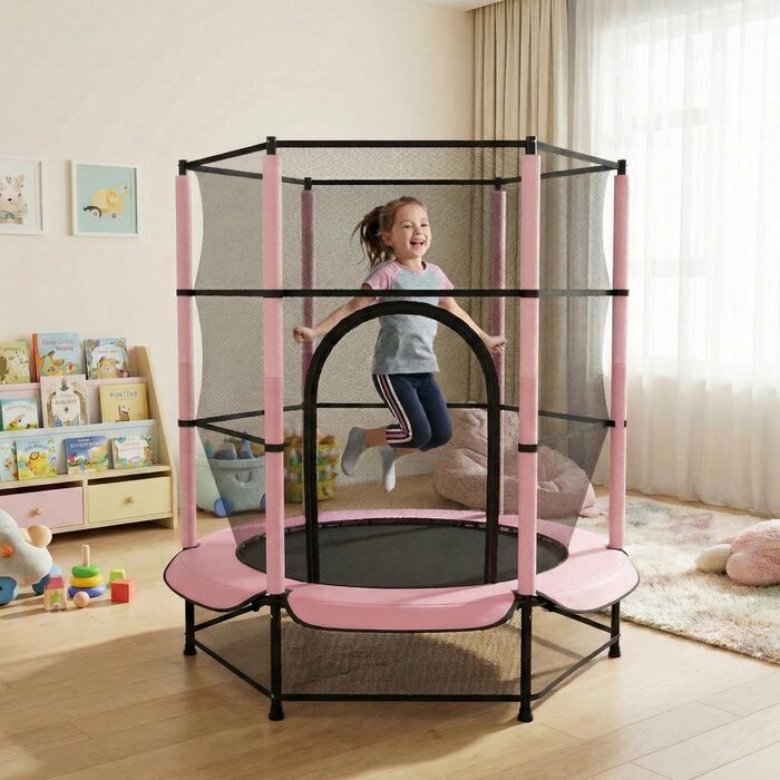 Трамплін для дітей LIFERUN Ø140см з сіткою безпеки, для ігор та тренувань, до 50 кг, рожевий
