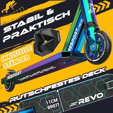 Трюковий самокат RE:SPORT® REVO Rainbow для дітей та дорослих зі стійкою | Професійний самокат з колесами 100мм PU та Y-рулем | Самокат трюковий, кікскутер ABEC 9