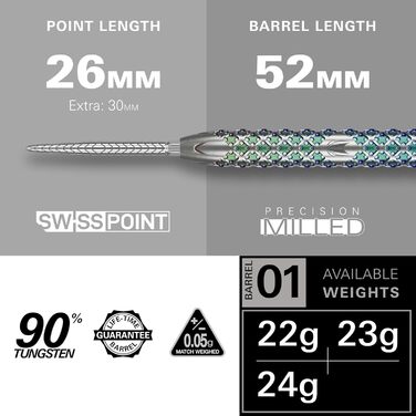 Професійні дартси Target Rove Swiss Point, 90% вольфраму, стілдарти, 23 г, зелено-сріблясті, набір з інструментом