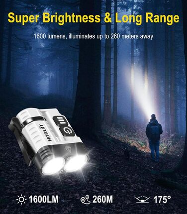Ліхтарик BORUIT U6 LED акумуляторний 1600 люмен, водонепроникний IP68, з кліпсою та магнітом, компактний EDC для кемпінгу та надзвичайних ситуацій (чорний/білий)