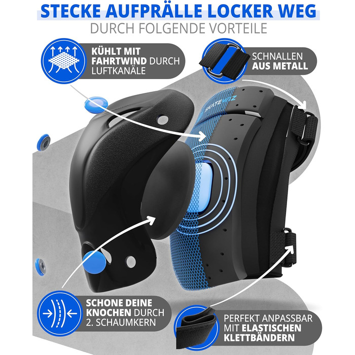 Набір захисту SKATEWIZ 6 шт. для дітей та дорослих: наколінники, налокітники, захист зап'ястя. З сумкою. Protect-1, колір блакитний, розмір XS.