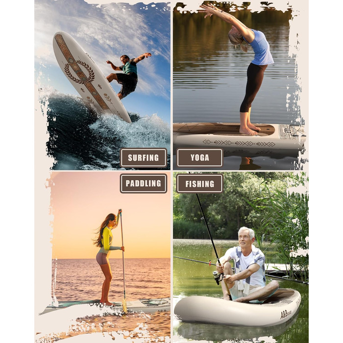Надувний SUP-борд A&BBOARD з аксесуарами, 335x88 см, для підлітків та дорослих, бежевий + вінтажний