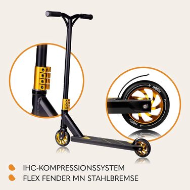 Скутер LIONELO WHIZZ Stunt - трюковий, підшипники ABEC-9, алюмінієва дека, система HIC, колеса 110мм, широке кермо, гальма Flex Fender MN Steel, чорний, унікальний дизайн