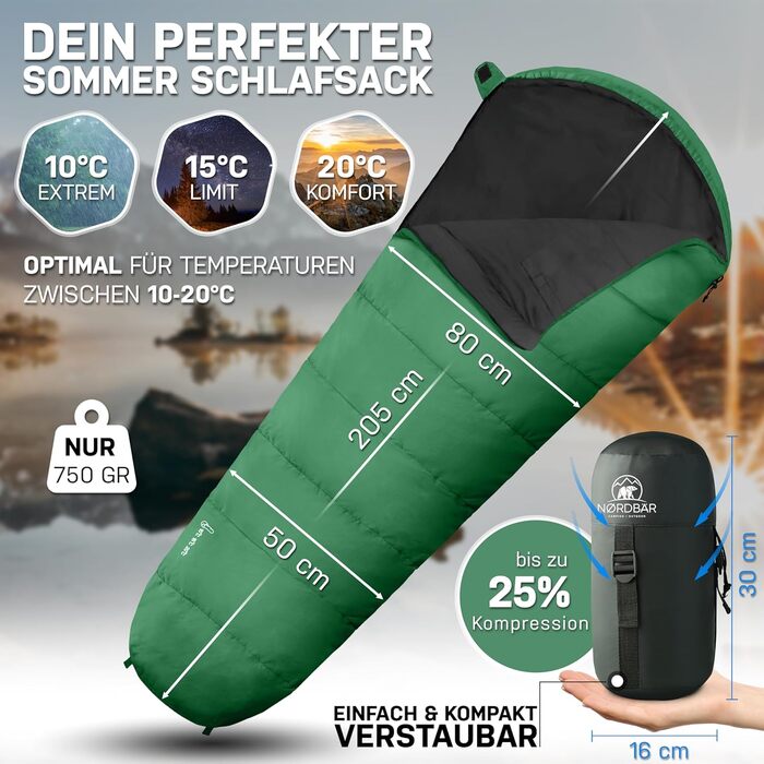 Спальний мішок NORDBÄR® 3 сезони та літо, ультралегкий [750г/1500г] | Кемпінговий мумієподібний спальник | Компактний [100GSM/300GMS] | Outdoor, туристичний, гірський спальник | Літній спальник, зелений, 750г