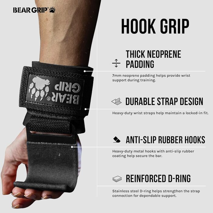 Грип-затискачі BEAR GRIP для підйому ваги з протиковзаючими гумовими ручками, чорні