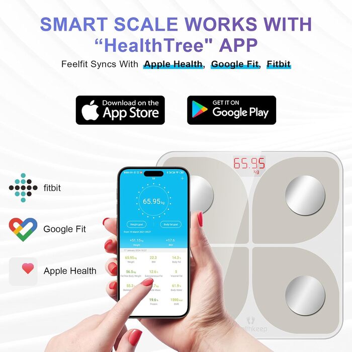 Ваги підлогові Healthkeep з Bluetooth, імпедансний аналізатор, 13 показників тіла, для Android та iOS, до 180 кг, 28×28 см