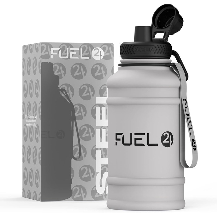 Fuel24 потужна пляшка для води з нержавіючої сталі 1,3 л та 2,2 л, герметична та BPA-free, спортивна фляга для фітнесу, спортивний металевий глечик для дорослих, 1,3 л, сіра