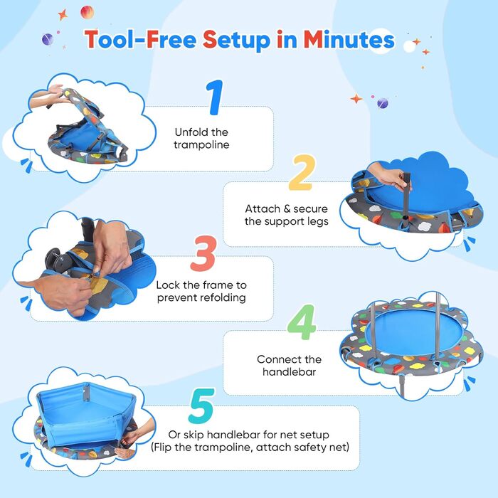 Міні-батут для фітнесу складний без встановлення 107 см, вантажопідйомність 150 кг, 3 рівня регулювання ручок, стабільний та тихий, для дітей (включно з м'ячами для басейну, 100 шт.)