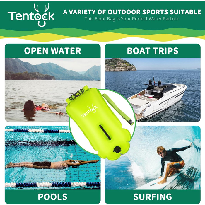 Tentock Плавуча сумка 28L, водонепроникна, надувна, для плавання та водного спорту. Безпечний плавучий засіб для триатлонів, каякінгу та снорклінгу. Колір: яскраво-зелений.