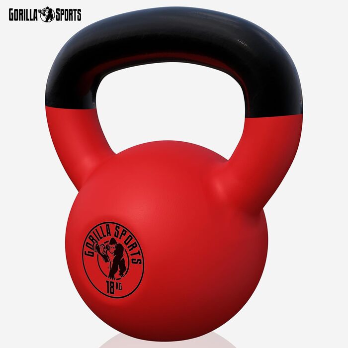 Кетлбел GORILLA SPORTS 18 кг, чавунний з вініловим покриттям, гиря для фітнесу та силових тренувань