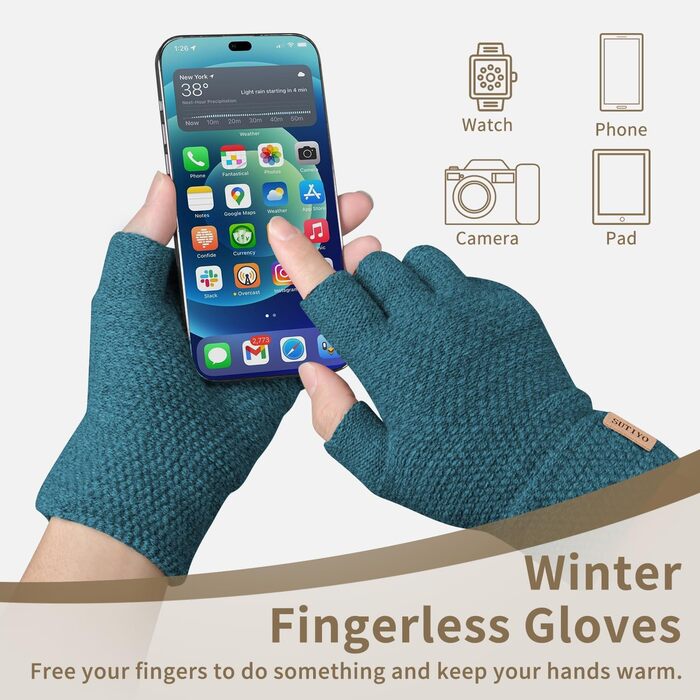 Кашмірні рукавички без пальців SUTIYO для чоловіків та жінок, теплі рукавички без пальців для водіння, їзди на велосипеді, спорту (Півняче блакитне)