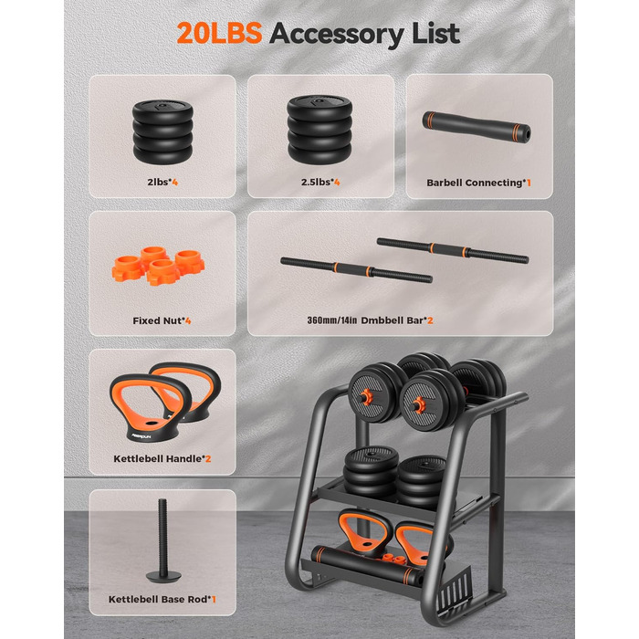 Регульовані гантелі FEIERDUN 20-70 кг, 4-в-1: штанга, гантелі, стійка для віджимань, фітнес для дому