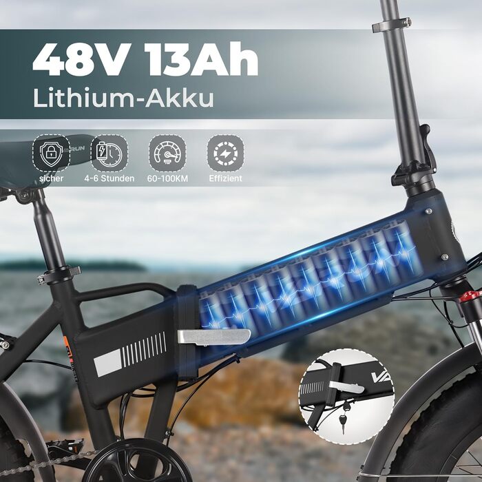 Електровелосипед VARUN складаний 20 дюймів, 48V 13Ah Li-Ion батарея, до 120 км, 7-ступенева трансмісія, LCD-дисплей, 20x4.0 антиковзні фет-колеса