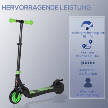 HOMCOM E-Scooter Електричний скутер 120 Вт Двигун 6 км Радіус дії Максимальна 8 км/год Електричний скутер Навантаження до 50 кг, E Скутер від 6 років і старше Зелений+Білий | Аосом