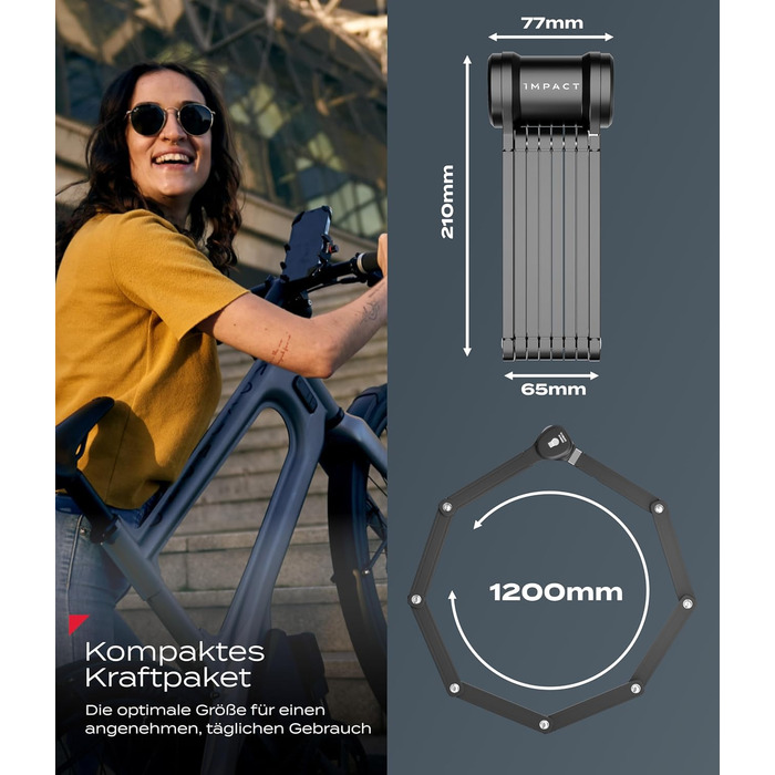 IMPACT® FlexLock 15: Преміальний складний замок для велосипеда - високий рівень безпеки. Зручний замок з рівнем безпеки 15 до 120 см, витримує до 1,5 тонн тяги. З ключем.