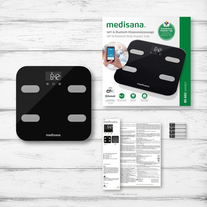 Ваги-аналізатор Medisana BS 602 до 180 кг з Wi-Fi/Bluetooth, для вимірювання жиру, води, м'язової та кісткової маси, сумісні з додатком VitaDock+