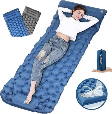 Килимок для кемпінгу Ciskotu самонадувний 8 см з подушкою. Підходить для кемпінгу, піших прогулянок та подорожей. (Синій+Сірий)