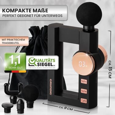 GRUNDIG Масажний пістолет з глибоким прогрівом, 32 режими, 4 рівні нагріву, акумуляторний, для спини, шиї та плечей, компактний для дому, офісу та подорожей