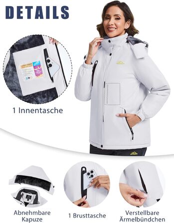 TACVASEN Зимова куртка для жінок, водонепроникна, з флісовою підкладкою, знімний капюшон, для сноуборду та катання на лижах, біла, розмір M